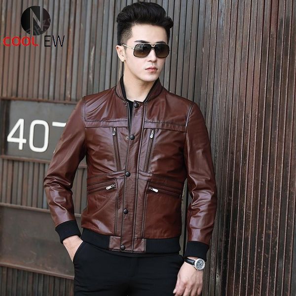 

men's jackets brand mens genuine leather cowhide fashion korean casual stand collar zipper pockets coats plus size, Black;brown
