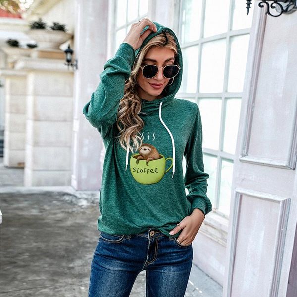 

women's hoodies & sweatshirts women 2021 fall long sleeve sweatshirt casual crewneck sloth coffee print hooded pullover streetwear fem, Black