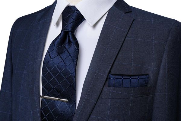

bow ties calssic 100% silk men's 8cm navy plaid necktie handkerchief tie clip set wedding party men gift gravatas dibangu, Black;gray