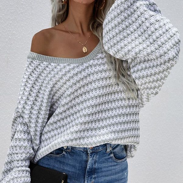 

women's sweaters temperament plus size sweater striped v-neck knitted pullover stitching acrylic long-sleeved female 2021, White;black