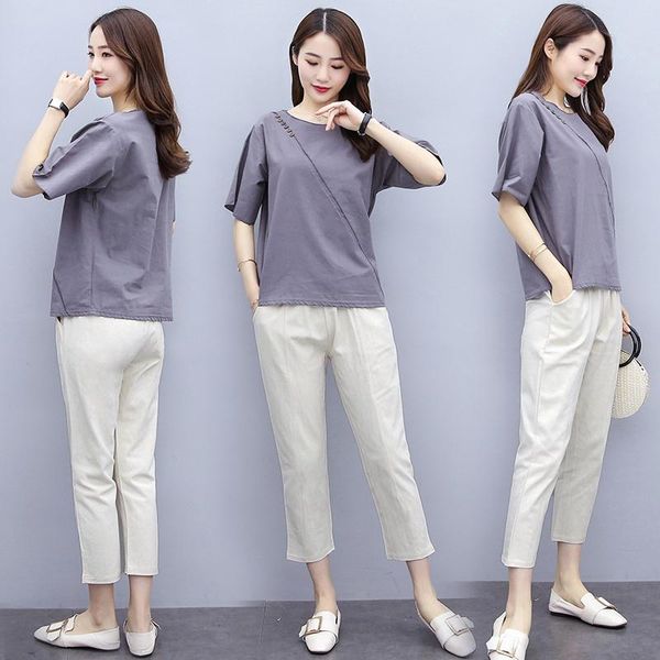 

women's two piece pants cotton linen two-piece suit, fashion, round neck, short sleeves, loose pants, solid color, elastic, professiona, White