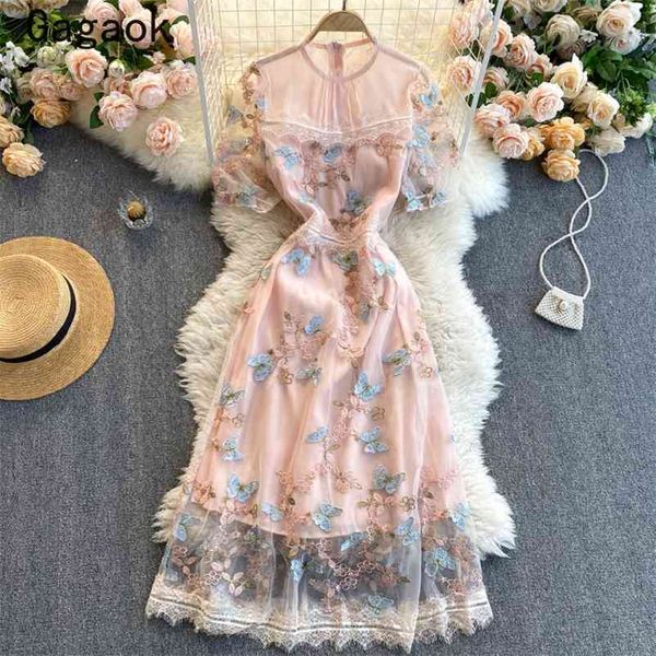 

elegant dress women summe o-neck vintage puff sleeve embroidery midi dresses slim fashion chic wild vestidos 210531, Black;gray