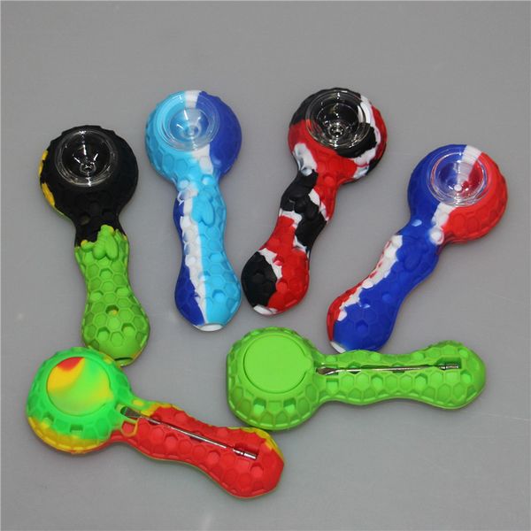 Bong per pipa manuale in silicone, olio dab rig, gorgogliatore di api, tubi per erbe e tabacco con strumento dabber in ciotola di vetro