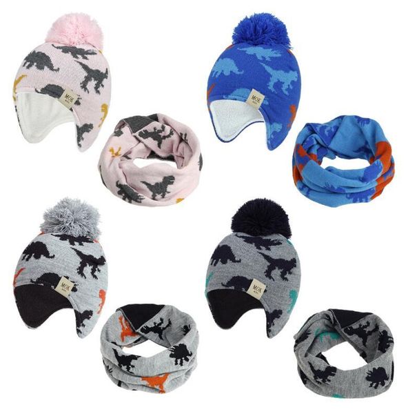 

2021 cartoon dinosaur knitted baby hat scarf set winter warm boys girls beanie fleece lining toddler kids hat with pompom, Yellow