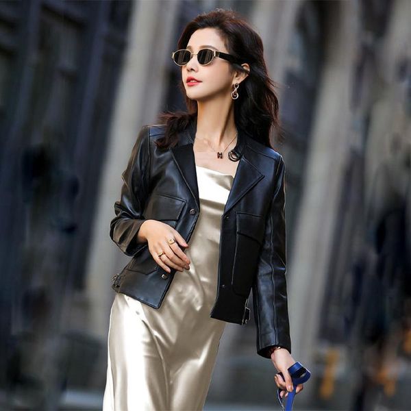 

women's jackets 2021 autumn haining sheep leather clothes thin short stand collar motorcycle jacket women, Black;brown
