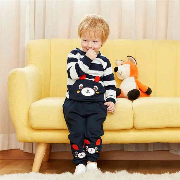 Primavera e outono Bebê / Criança Adorável Urso Listrado Calças Sunhirt Set para Kids Boy Sets Roupas 210528