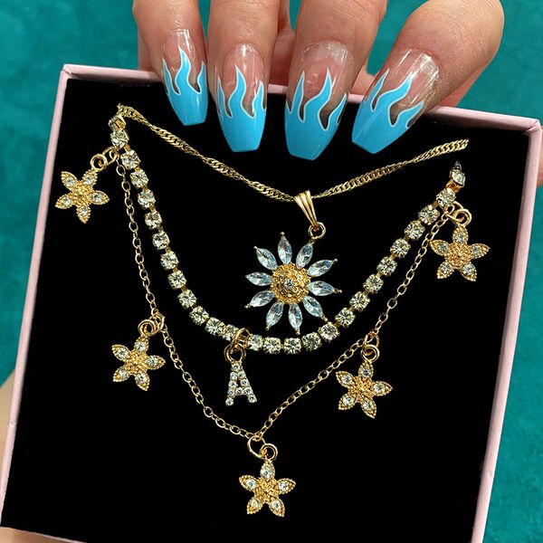 

caraquet bling rhinestone letters tennis chain choker necklace for women multilayer crystal sunflower starfish pendants jewelry, Red;blue