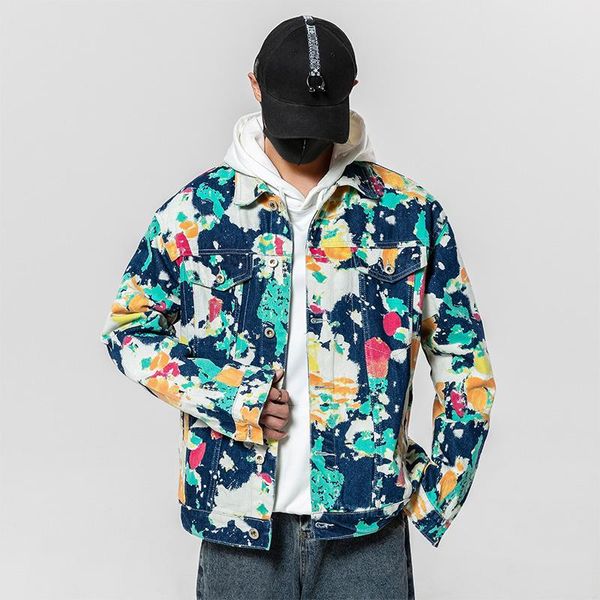 

japanese fashion men's tie dye denim jacket hip hop streetwear youth handsome loose camouflage jean coats casual cargo jackets, Black;brown