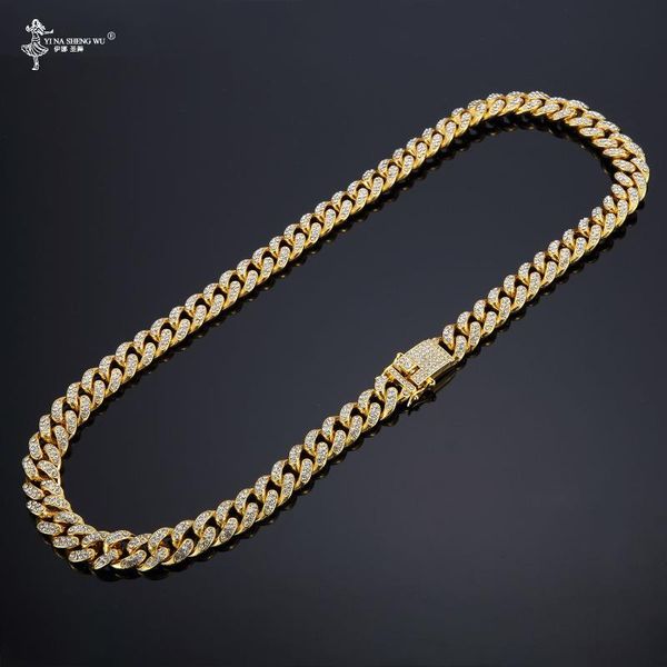 

13mm hip hop miami curb cuban chain necklace golden iced out rhinestones cz bling rapper link gold color men necklaces jewelry chains, Silver