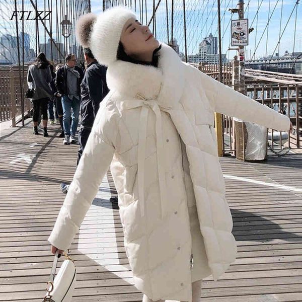 Большой настоящий натуральный лисиц меховой воротник белый утка вниз пальто зимняя куртка женщин длинные парки женские толстые снежные верхняя одежда 210423
