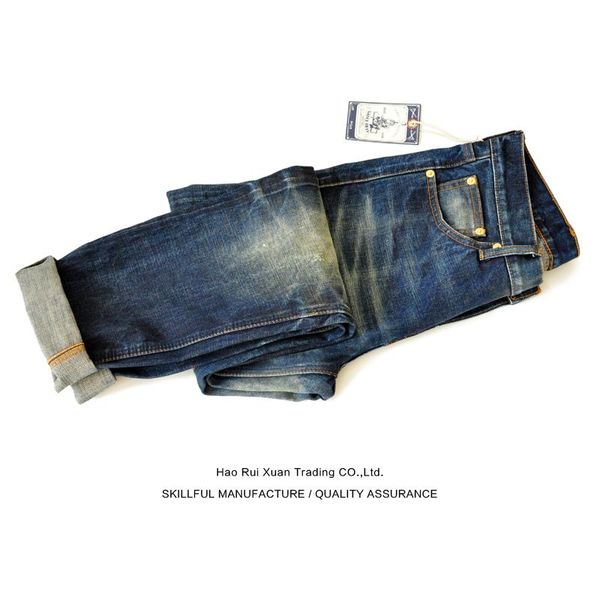

men's jeans 2021 distressed selvedge men dark washing ageing regular fit tapered legs denim for 14 oz, Blue