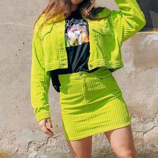 

two piece dress womens corduroy jacket crop and skirts set clothes ladies autumn winter solid coats pencil tracksuit, White