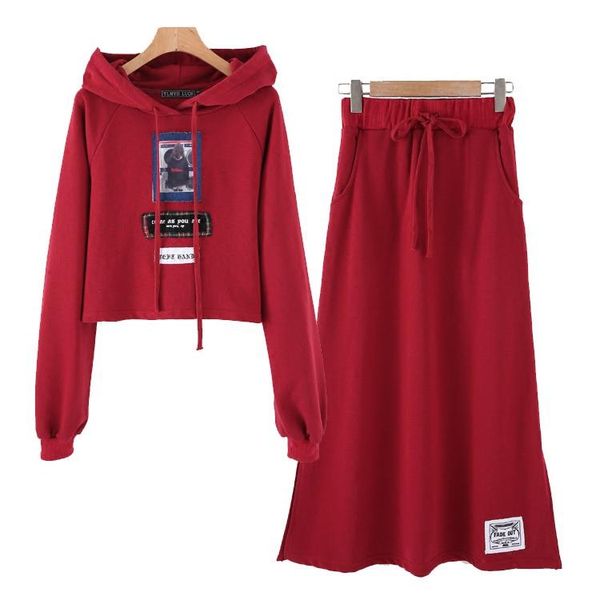 

party decoration 2021 asia fashion trendy burgundy clothing ladies spring autumn casual two piece set women hooded sweatshirt + long sk