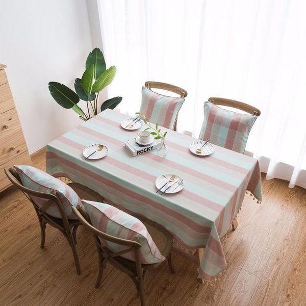 

table cloth waterproof tablecloth pink blue stitching striped washable cotton linen christmas rectangular cover
