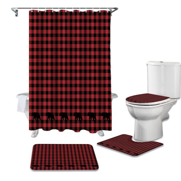 Duschvorhänge, rot, schwarz, kariert, Bär, Badezimmer-Vorhang-Set, Badematten-Sets mit Haken, rutschfester WC-Vorleger