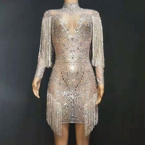 

luxury crystals diamonds fringe mesh see through dress women evening prom party dresses celebrity birthday outfit stage wear casual, Black;gray