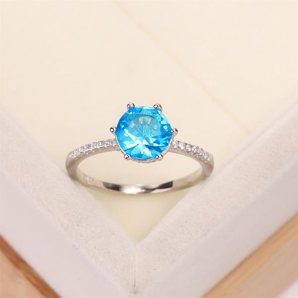 

cluster rings selling european and american s925 silver wedding ring six claw round zircon lady light blue crystal jewelry gift, Golden;silver