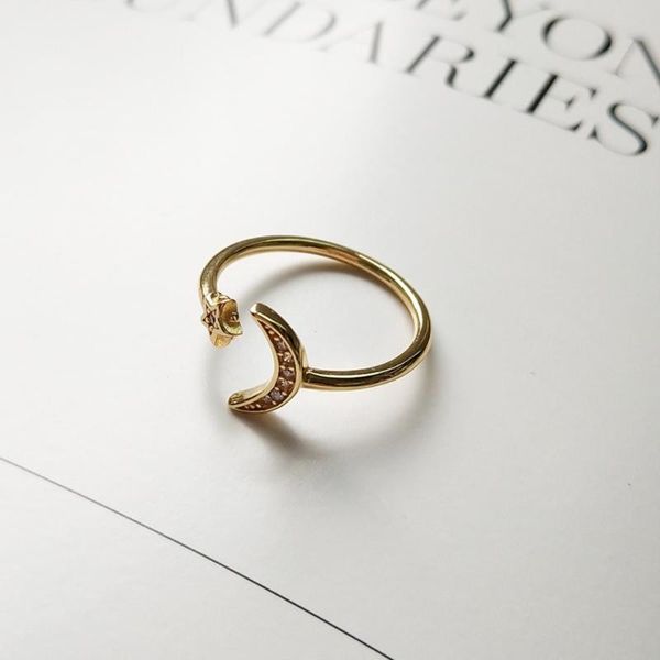 

cluster rings creative korean s925 sterling silver zircon moon and star boho adjustable open knuckle thumb ring graduation gift, Golden;silver