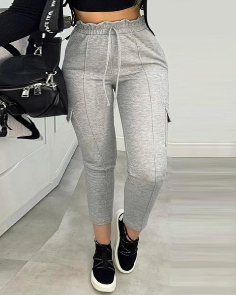 

women's leggings high waist frill hem pocket design casual pants, Black