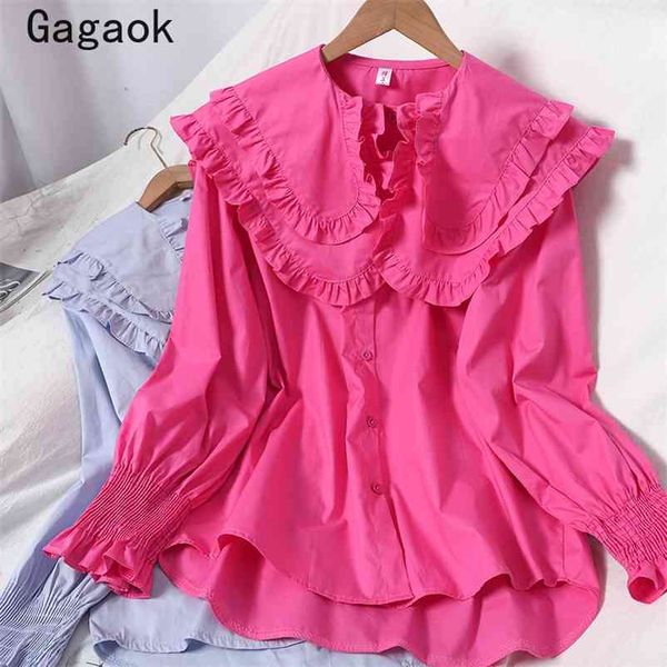 

women blouse spring autumn sugar color sweet ruffles peter pan collar loose shirts korean chic kashion blouses 210531, White