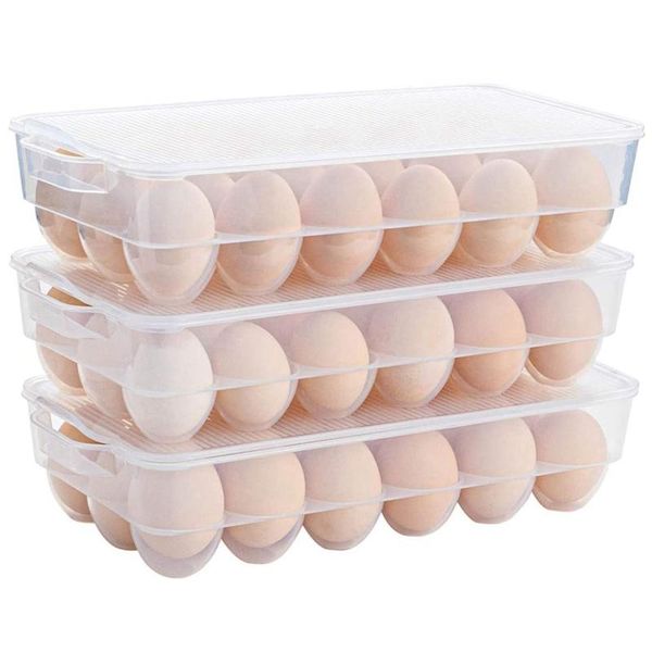 

clear covered egg holder 3-pack, plastic storage for refrigerator, tray container with lid, fits 18 eggs bottles & jars