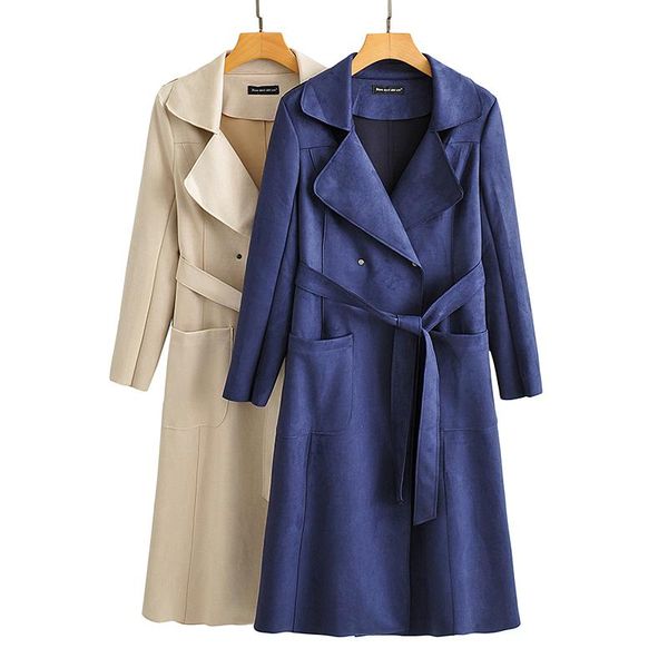 

women's trench coats autumn winter fashion elegant velvet suede high waist long womans clothes windbreaker office lady, Tan;black