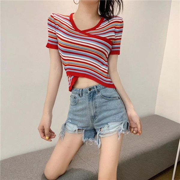 

women's t-shirt summer korean v-neck cross color striped open navel female, White