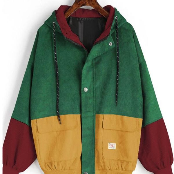 

women's jackets corduroy coat and jacket women 2021 long sleeve patchwork drawstring hit autumn casual loose outwear windcoat, Black;brown