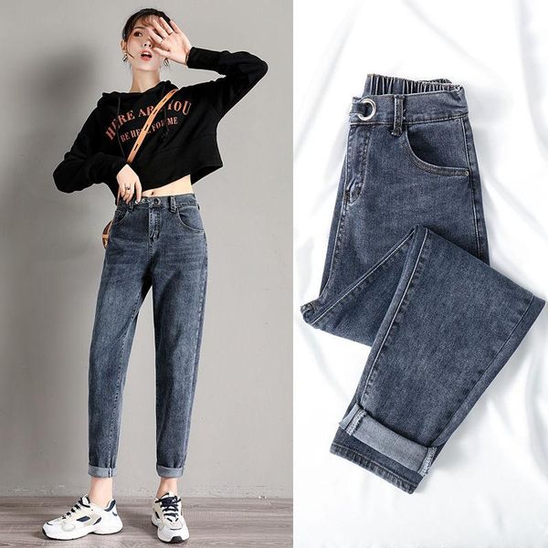 

women's jeans woman pants elastic waist high loose autumn winter large size pantalones vaqueros mujer, Blue