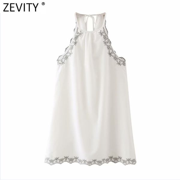 

zevity women fashion edge embroidery white halter dress female chic sleeveless lace up beach style a line summer vestido ds8201 210419, Black;gray