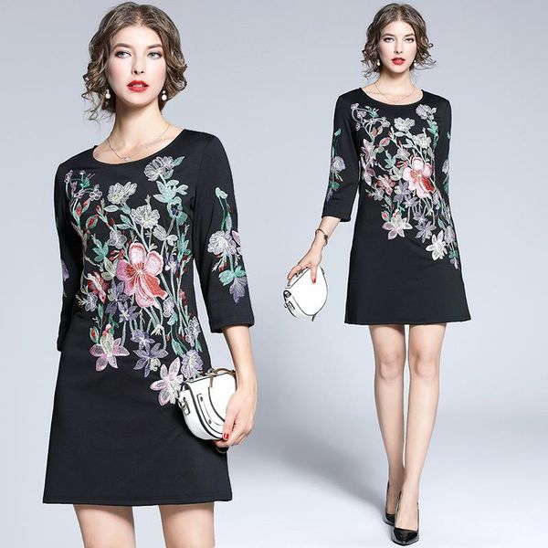 

casual dresses autumn women's dress 2022 winter office lady french style print long sleeve embroidery zipper qi color code, Black;gray