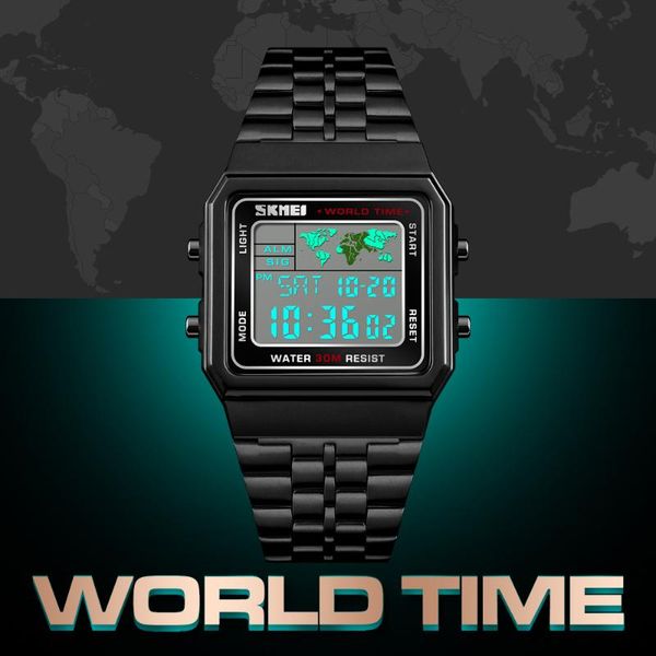 

wristwatches skmei men watch outdoor sports digital led display stainless steel strap waterproof watches clock alarm masculino mujer hombre, Slivery;brown