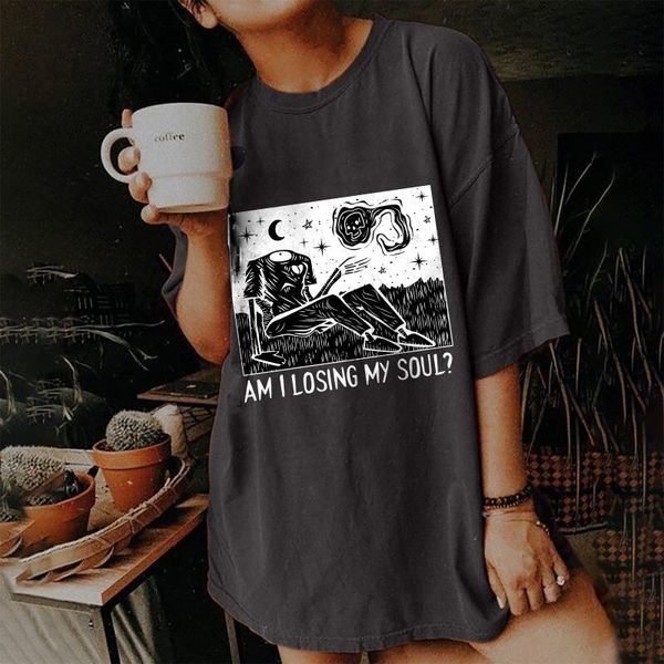 

women's t-shirt am i losing my soul funny women tee shirt for summer clothes drop shoulder crew neck loose graphic 90s ladies, White