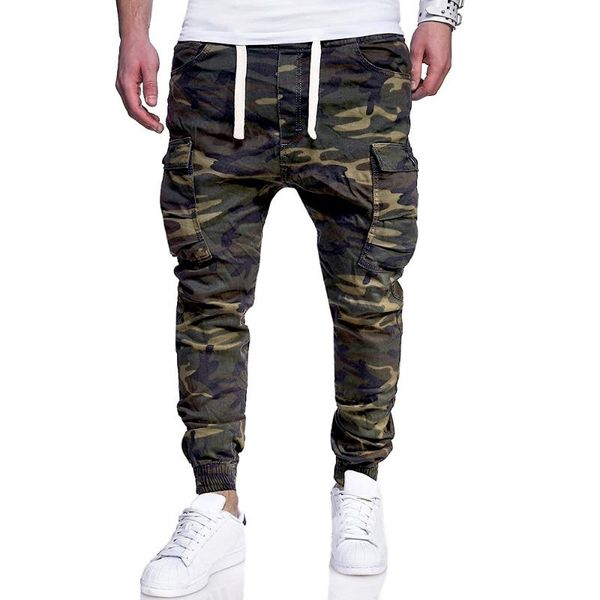 

men camouflage print tethered casual long pants 2021 fashion straight pocket army green high street full length trouser d30 men's, Black