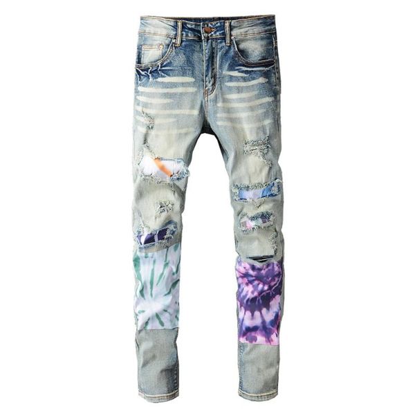

men's jeans gzdeerax luxury patchwork ripped stretch denim streetwear holes patch slim skinny pencil pants trousers high quality, Blue