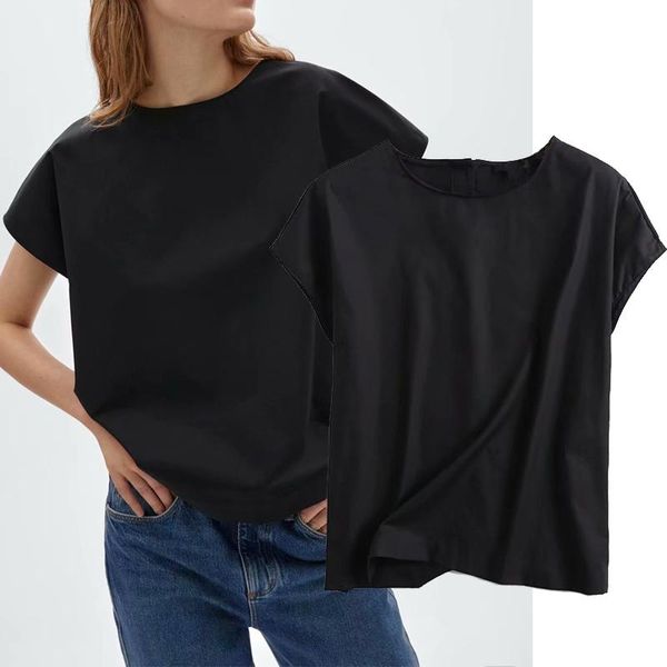 

women's t-shirt fashion black short sleeve t-shirts back button wide shoulder loose oversized woman, White
