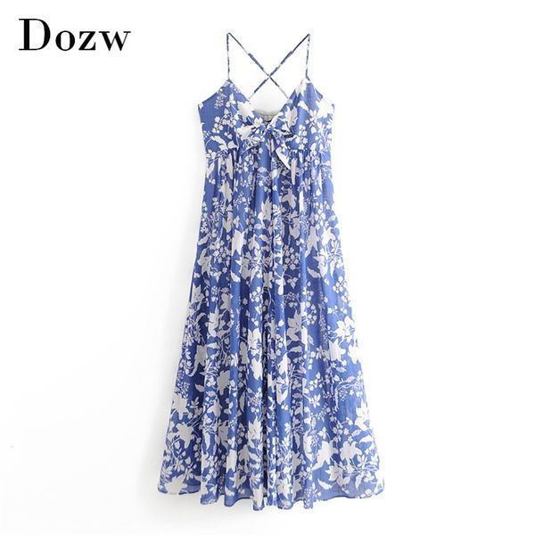 

summer boho style floral dress v neck spaghetti strap holiday beach midi women backless party pleated 210515, Black;gray
