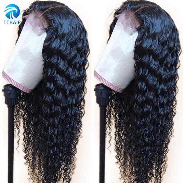 

deep wave frontal wig lace front human hair wigs for black women 13x4 4x4 closure peruvian remy 1501, Black;brown