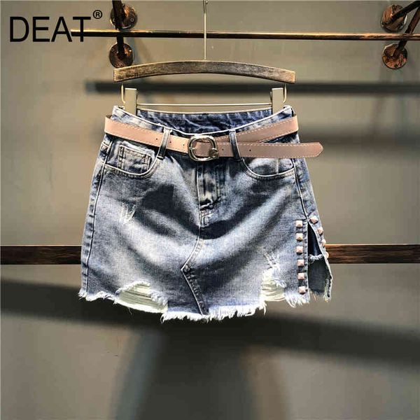 

{deat} women wide leg light blue hole denim skirt pants high waist loose fit trousers fashion tide spring summer ay035 210421, White;black