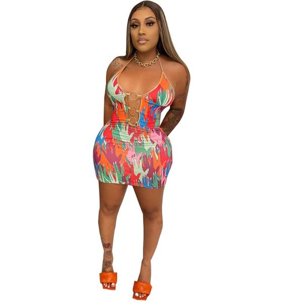 

casual dresses rstylish 2021 women printed hollow out metal ring connect halter backless skinny summer party clubwear mini dress, Black;gray