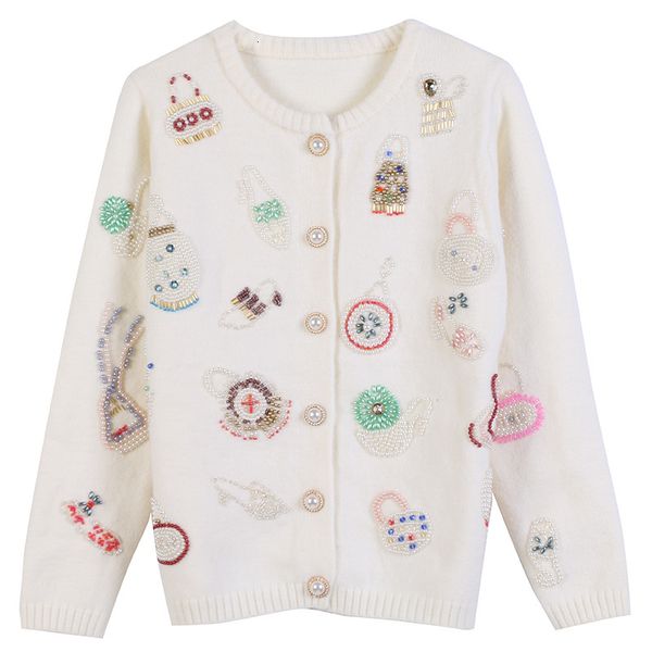 

women's sweaters products for autumn and winter long-sleeved round neck pullover geometric beaded knitted cardigan jacket sweater, White;black