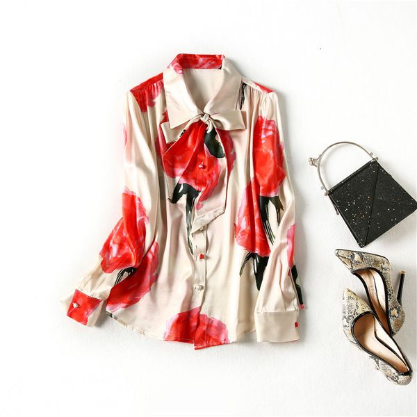

european and american women's clothing 2021 the spring long sleeve lapel bow large flower print fashion silk shirt w9dn, White