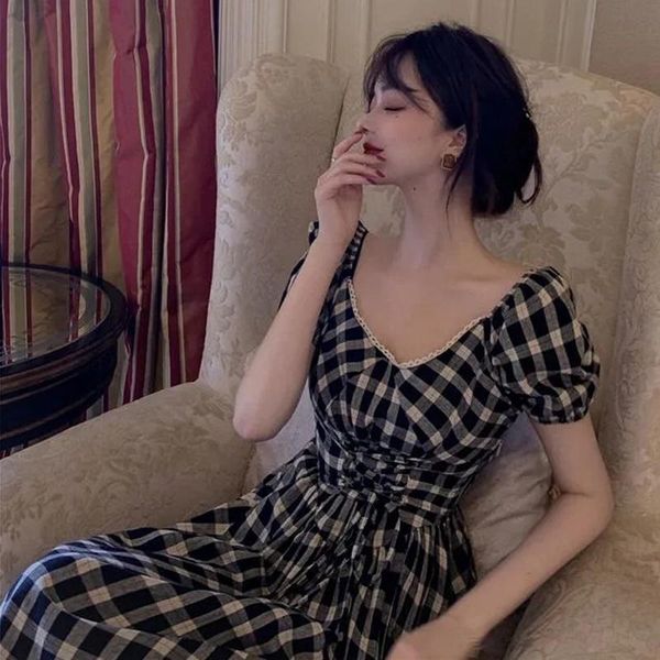 

casual dresses 2021 summer dress women's waist strap slim korean sweet style retro plain printed mid-length fashion, Black;gray