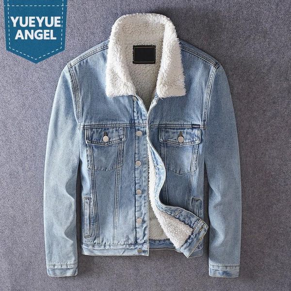 

winter mens fleece denim jacket thicken warm outerwear vintage light blue slim fit single breasted casual coat men biker jackets men's, Black;brown
