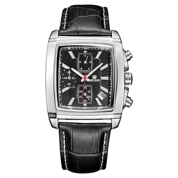 

megir 2028 mens business watches analog chronograph luminous rectangle quartz watch with stylish leather strap for sport & work, Slivery;brown