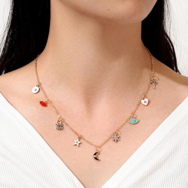 

bohemia star moon demon eye necklaces collares gold color chain rhinestone pendant choker for women girl friend christmas gift, Silver