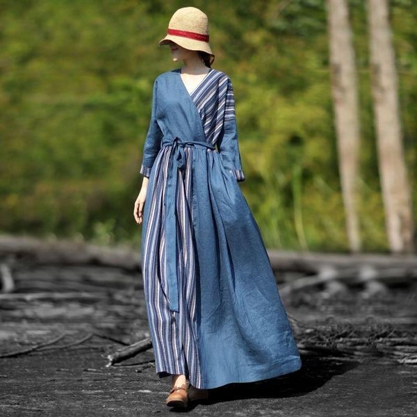 

casual dresses women autumn vintage long dress 2021 arts style patchwork striped high waist female cotton linen loose p1436, Black;gray