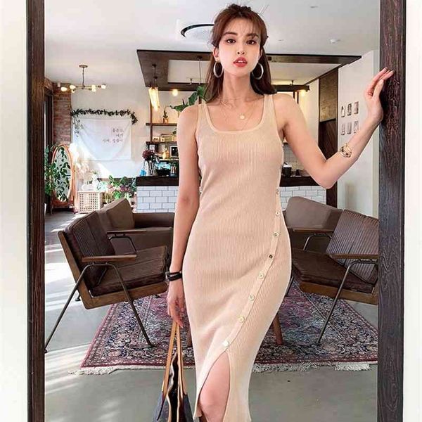 

korean knitted vest summer fashion temperament slim split sleeveless ice silk dress 210416, Black;gray