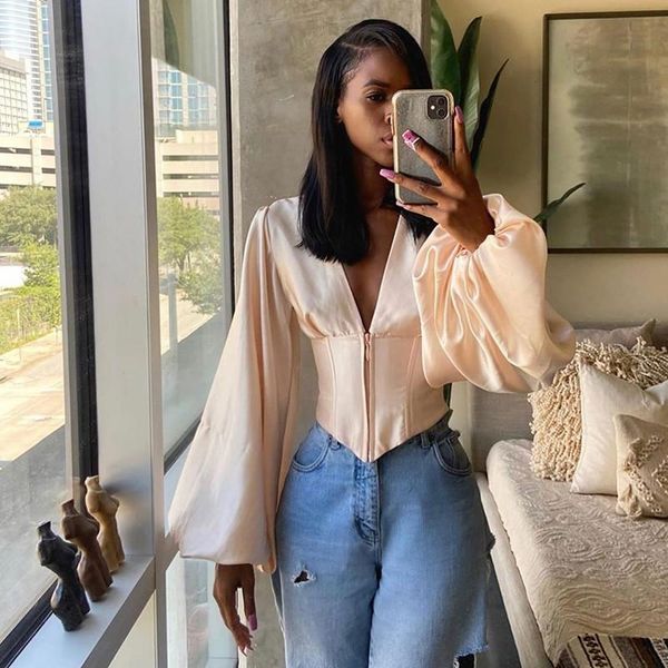 

women's blouses & shirts women blouse office lady casual lantern sleeve fashion solid color v-neck zipper exposed navel shirt spring lo, White