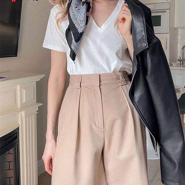 

women's summer shorts long with high waist female loose white classic knee-length office wide black candy 220307, White;black